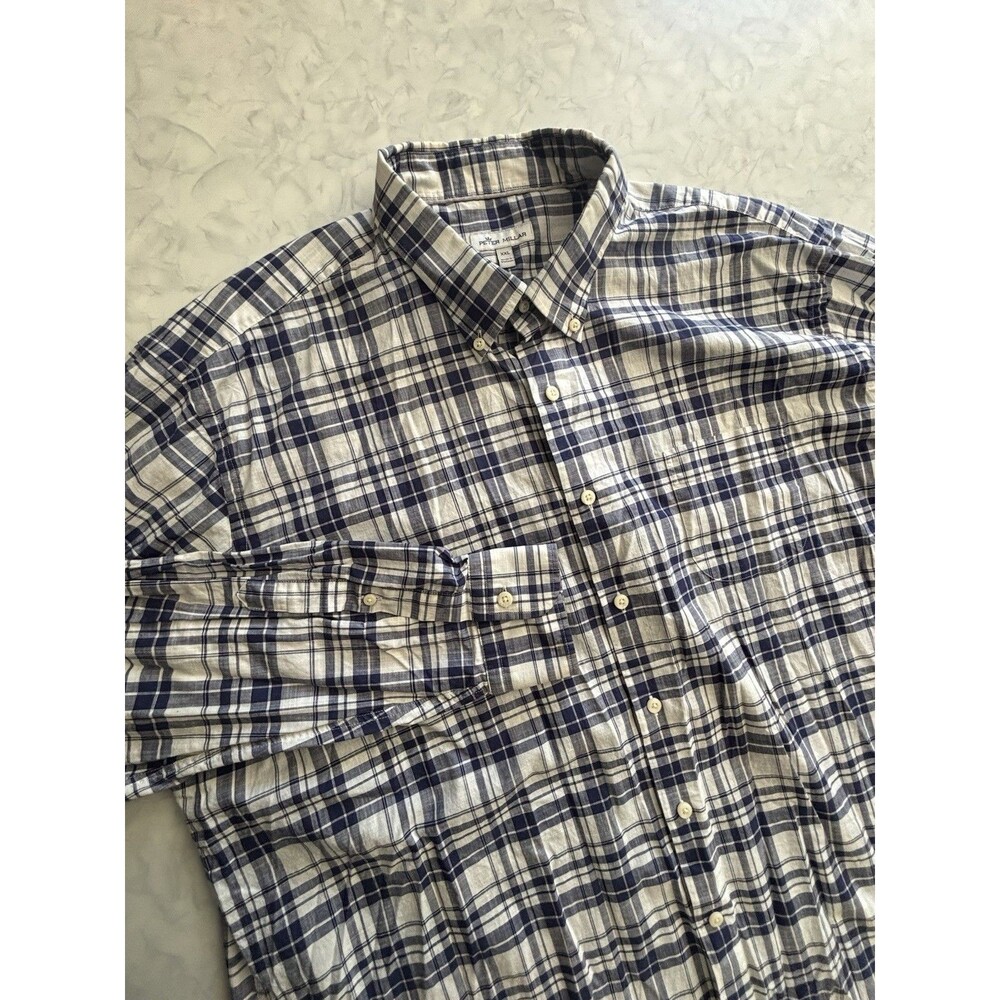 Peter Millar Mens XXL Plaid Button Down Shirt Blue White Stretch Crown Cotton